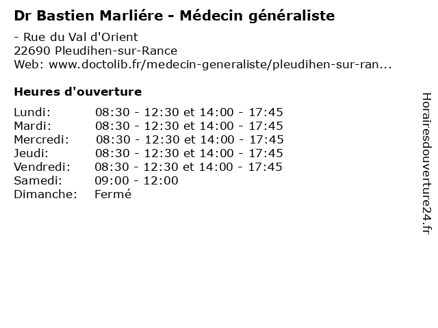 Dr Bastien Marliére - Médecin généraliste à Pleudihen-sur-Rance: adresse et heures d'ouverture