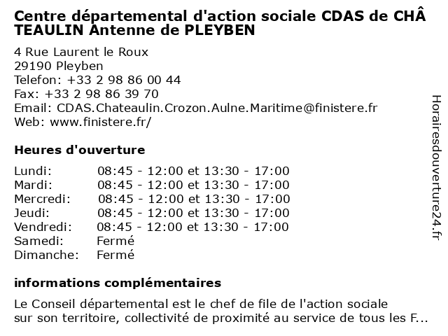 Centre départemental d'action sociale CDAS de CHÂTEAULIN Antenne de PLEYBEN à Pleyben: adresse et heures d'ouverture