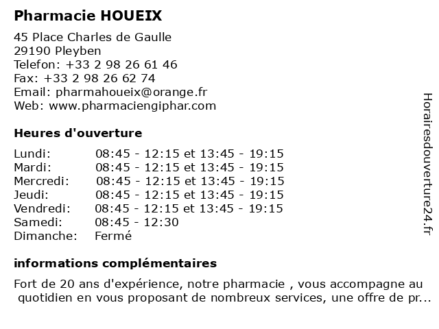 Pharmacie HOUEIX à Pleyben: adresse et heures d'ouverture