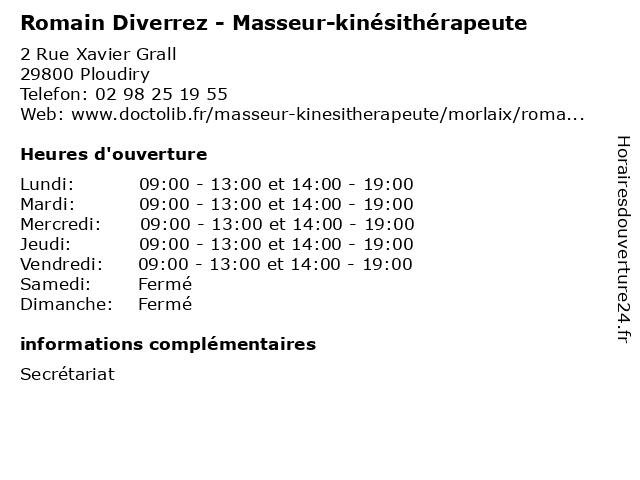 Romain Diverrez - Masseur-kinésithérapeute à Ploudiry: adresse et heures d'ouverture