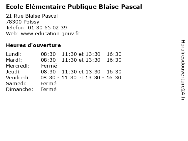 Ecole Elémentaire Publique Blaise Pascal à Poissy: adresse et heures d'ouverture