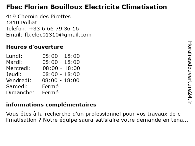 Fbec Florian Bouilloux Electricite Climatisation à Polliat: adresse et heures d'ouverture