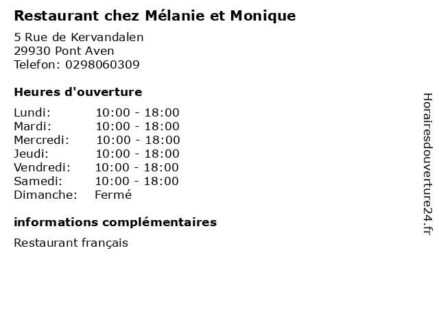 Restaurant chez Mélanie et Monique à Pont Aven: adresse et heures d'ouverture