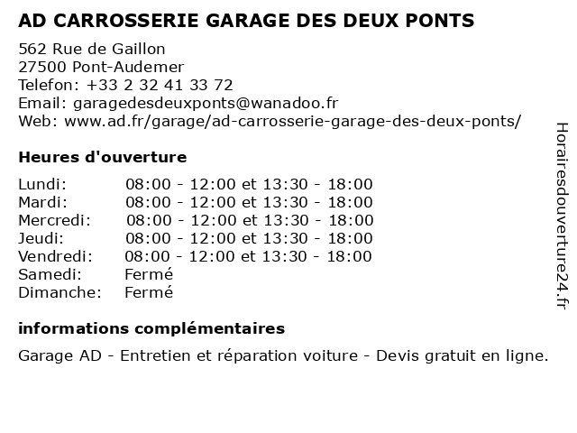 AD CARROSSERIE GARAGE DES DEUX PONTS à Pont-Audemer: adresse et heures d'ouverture
