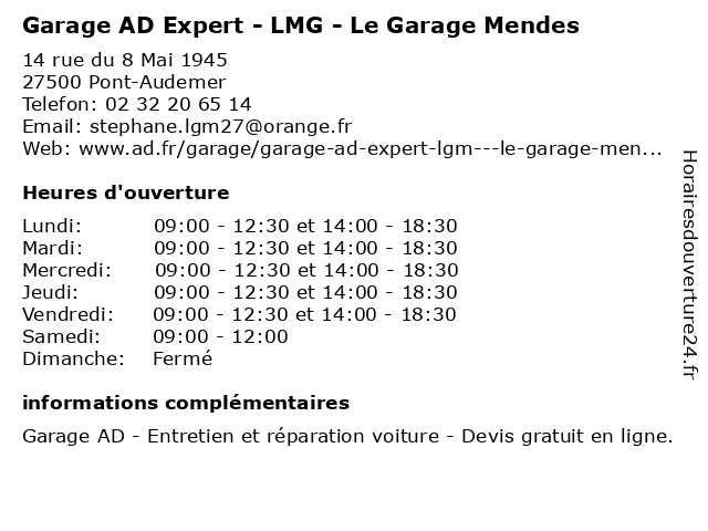 Garage AD Expert - LMG - Le Garage Mendes à Pont-Audemer: adresse et heures d'ouverture
