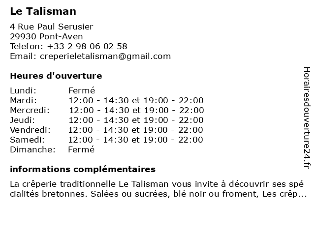 Le Talisman à Pont-Aven: adresse et heures d'ouverture