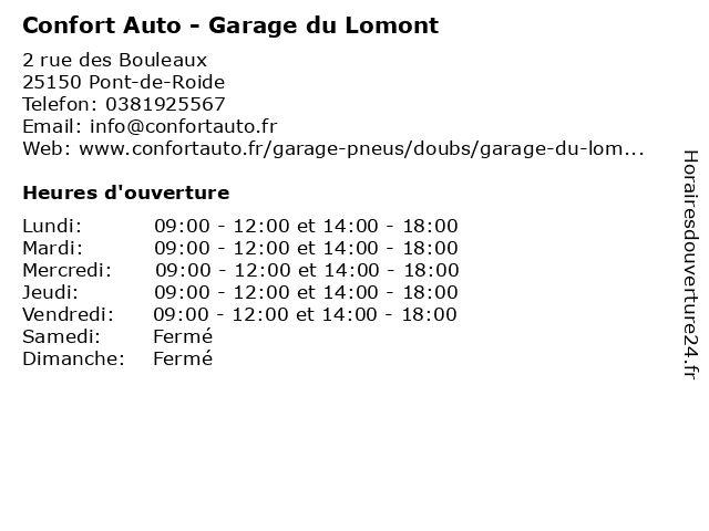 Confort Auto - Garage du Lomont à Pont-de-Roide: adresse et heures d'ouverture