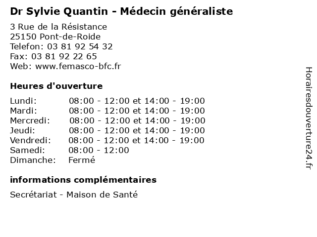 Dr Sylvie Quantin - Médecin généraliste à Pont-de-Roide: adresse et heures d'ouverture