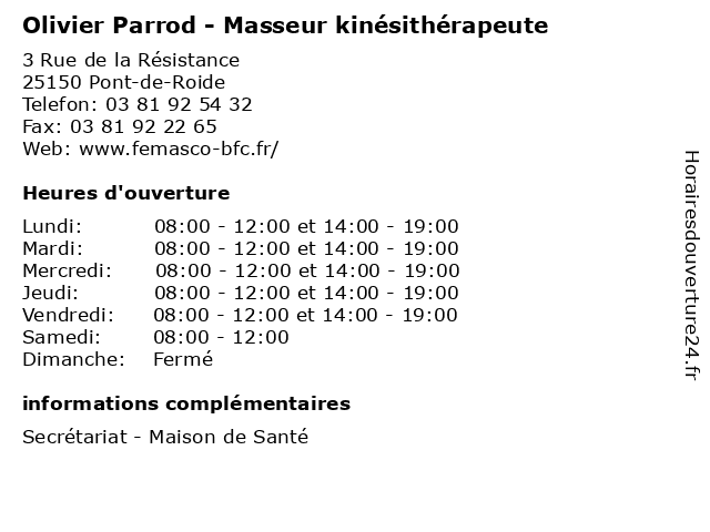 Olivier Parrod - Masseur kinésithérapeute à Pont-de-Roide: adresse et heures d'ouverture