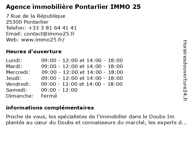 Agence immobilière Pontarlier IMMO 25 à Pontarlier: adresse et heures d'ouverture