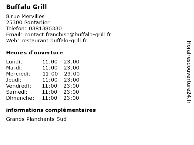 Vild Trafikprop skat ᐅ Horaires d'ouverture „Buffalo Grill“ | 8 rue Mervilles à Pontarlier