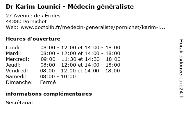 Dr Karim Lounici - Médecin généraliste à Pornichet: adresse et heures d'ouverture