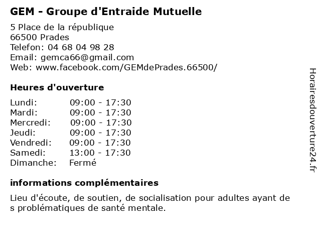 GEM - Groupe d'Entraide Mutuelle à Prades: adresse et heures d'ouverture