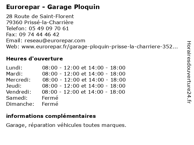 Eurorepar - Garage Ploquin à Prissé-la-Charrière: adresse et heures d'ouverture