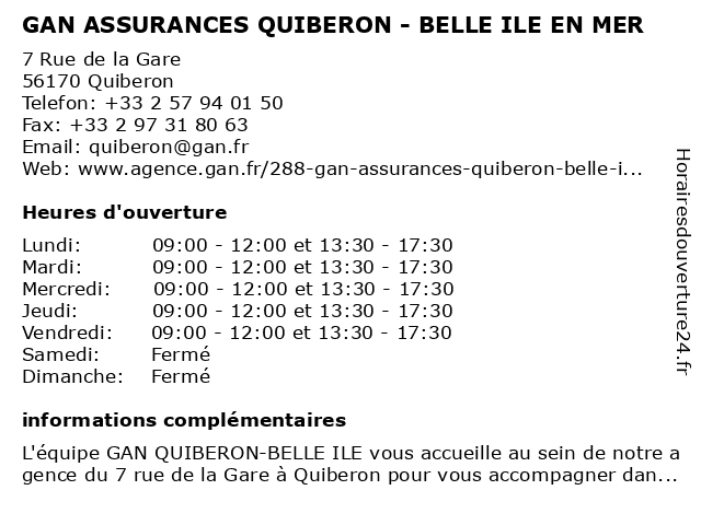 GAN ASSURANCES QUIBERON - BELLE ILE EN MER à Quiberon: adresse et heures d'ouverture