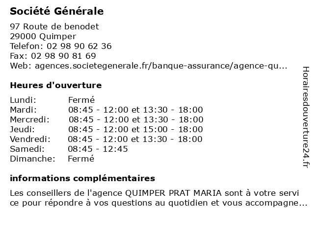 Société Générale à Quimper: adresse et heures d'ouverture