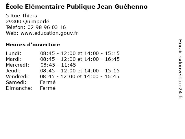 École Elémentaire Publique Jean Guéhenno à Quimperlé: adresse et heures d'ouverture