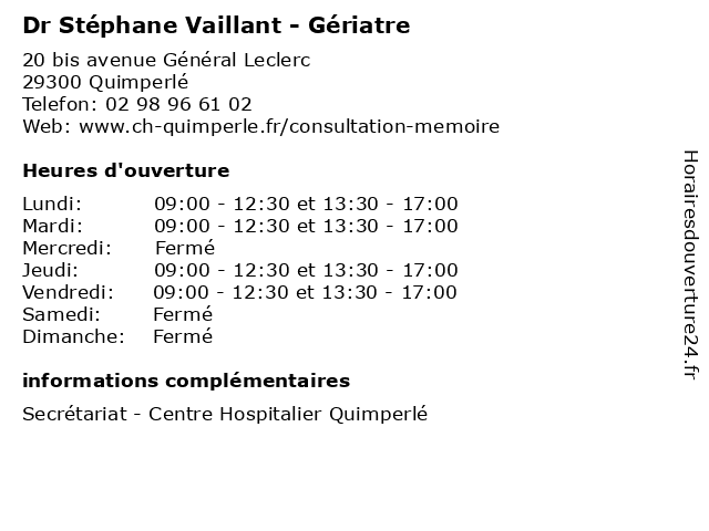 Dr Stéphane Vaillant - Gériatre à Quimperlé: adresse et heures d'ouverture
