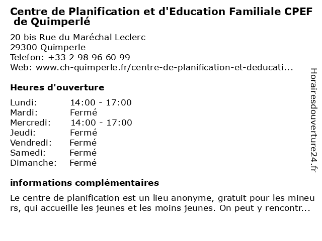 Centre de Planification et d'Education Familiale CPEF de Quimperlé à Quimperle: adresse et heures d'ouverture