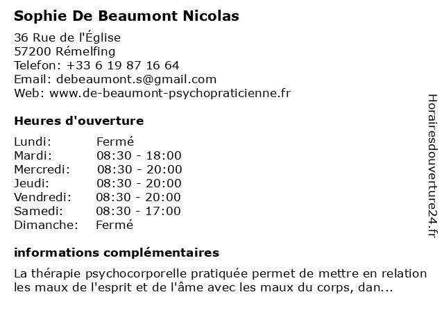 Sophie De Beaumont Nicolas à Rémelfing: adresse et heures d'ouverture