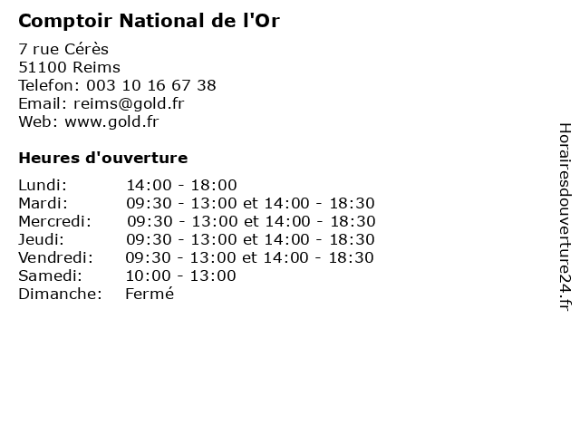 Comptoir National de l'Or à Reims: adresse et heures d'ouverture