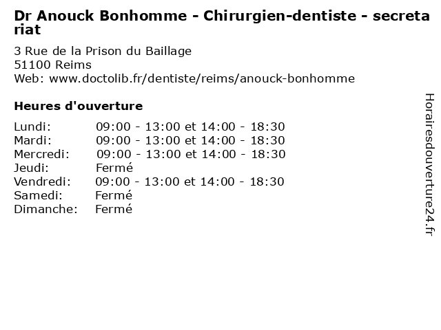 Dr Anouck Bonhomme - Chirurgien-dentiste - secretariat à Reims: adresse et heures d'ouverture
