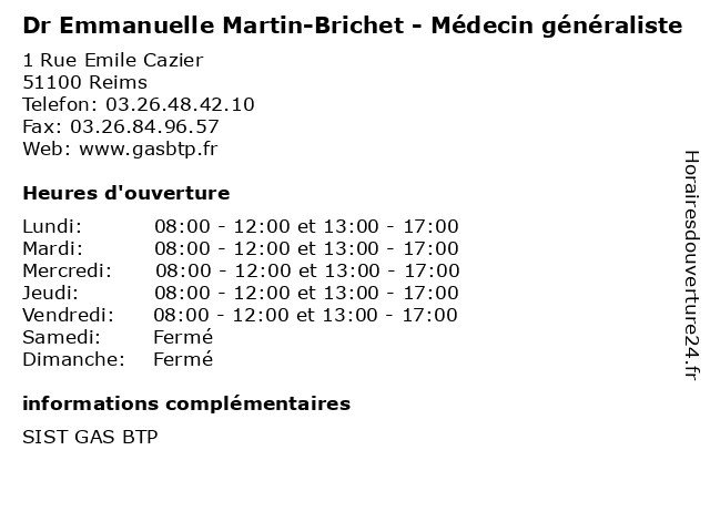 Dr Emmanuelle Martin-Brichet - Médecin généraliste à Reims: adresse et heures d'ouverture