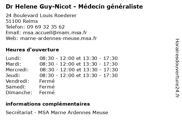 Dr Helene Guy-Nicot - Médecin généraliste à Reims: adresse et heures d'ouverture