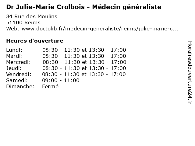 Dr Julie-Marie Crolbois - Médecin généraliste à Reims: adresse et heures d'ouverture