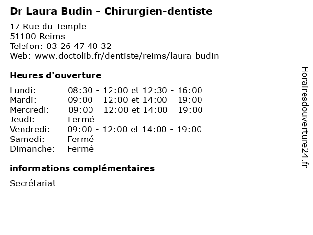 Dr Laura Budin - Chirurgien-dentiste à Reims: adresse et heures d'ouverture