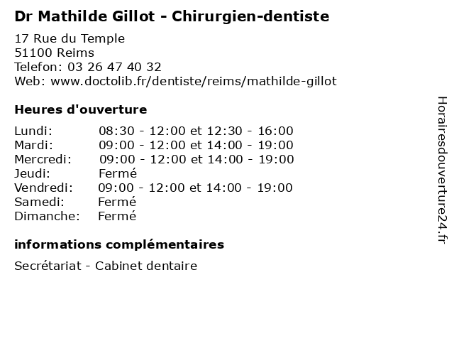 Dr Mathilde Gillot - Chirurgien-dentiste à Reims: adresse et heures d'ouverture