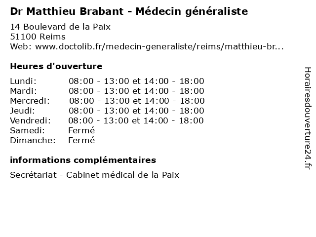 Dr Matthieu Brabant - Médecin généraliste à Reims: adresse et heures d'ouverture