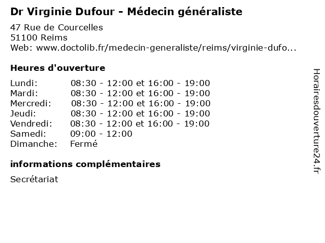 Dr Virginie Dufour - Médecin généraliste à Reims: adresse et heures d'ouverture