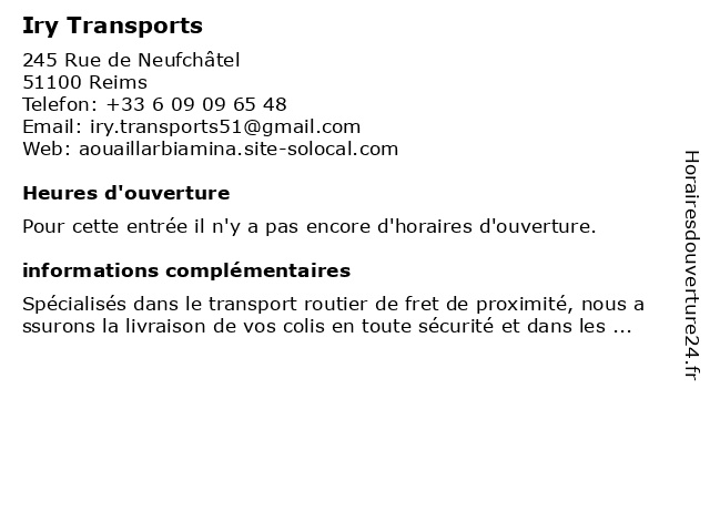 Iry Transports à Reims: adresse et heures d'ouverture