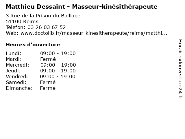 Matthieu Dessaint - Masseur-kinésithérapeute à Reims: adresse et heures d'ouverture