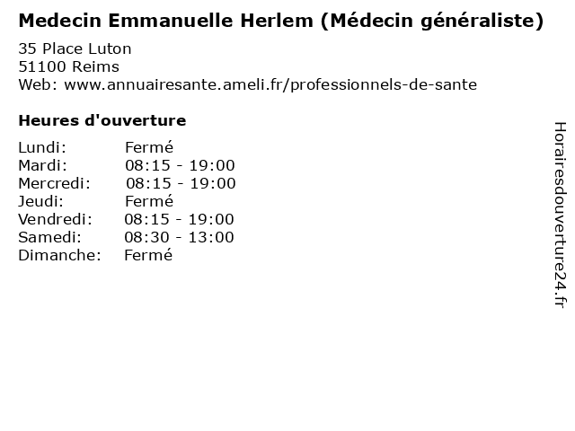 Medecin Emmanuelle Herlem (Médecin généraliste) à Reims: adresse et heures d'ouverture