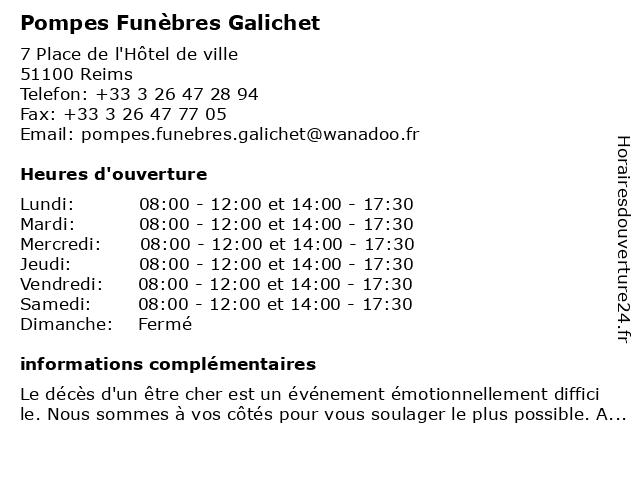 Pompes Funèbres Galichet à Reims: adresse et heures d'ouverture