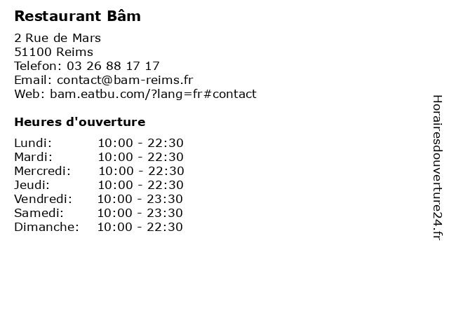 Restaurant Bâm à Reims: adresse et heures d'ouverture