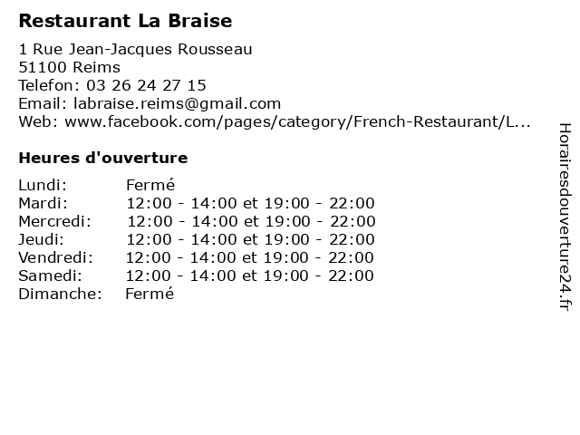 Restaurant La Braise à Reims: adresse et heures d'ouverture