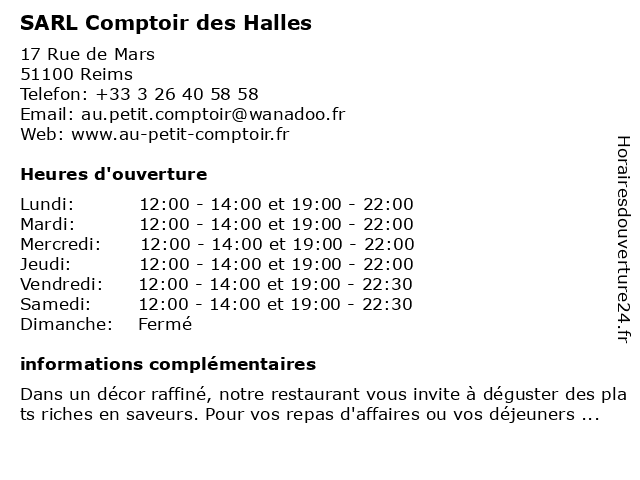 SARL Comptoir des Halles à Reims: adresse et heures d'ouverture