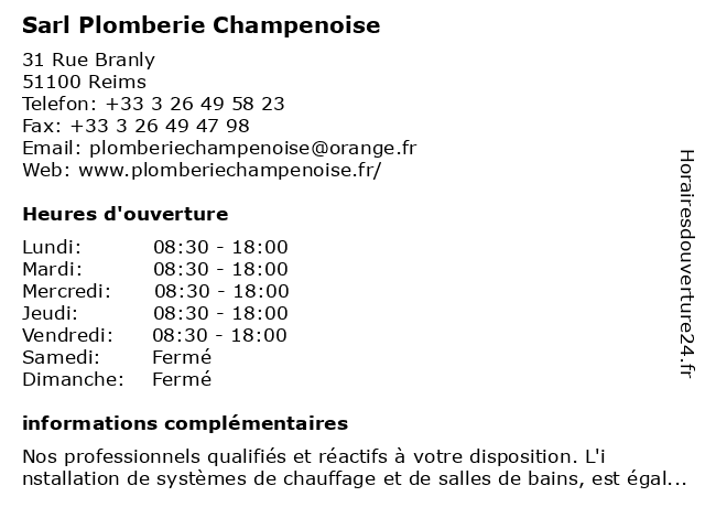 ? Sarl Plomberie Champenoise ? Horaires d'ouverture | 31 Rue Branly à Reims