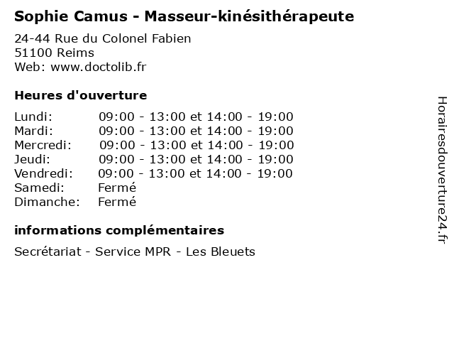 Sophie Camus - Masseur-kinésithérapeute à Reims: adresse et heures d'ouverture