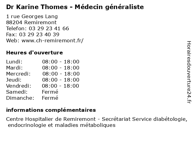 Dr Karine Thomes - Médecin généraliste à Remiremont: adresse et heures d'ouverture