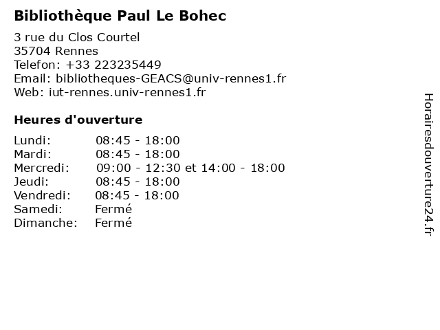 Bibliothèque Paul Le Bohec à Rennes: adresse et heures d'ouverture