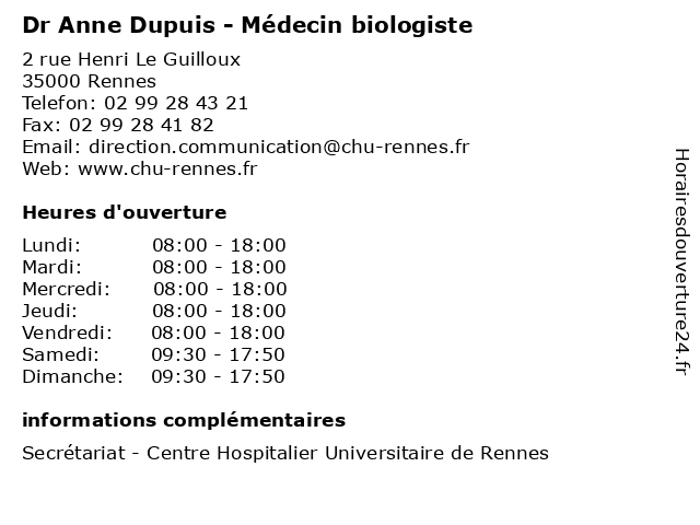 Dr Anne Dupuis - Médecin biologiste à Rennes: adresse et heures d'ouverture