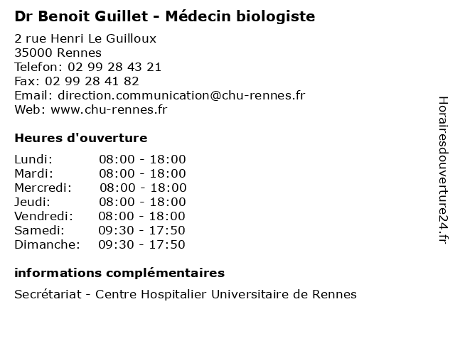 Dr Benoit Guillet - Médecin biologiste à Rennes: adresse et heures d'ouverture