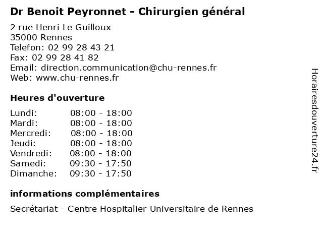Dr Benoit Peyronnet - Chirurgien général à Rennes: adresse et heures d'ouverture