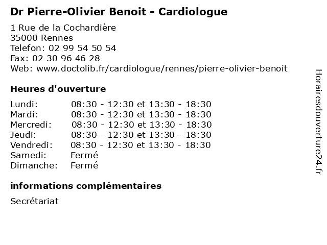 Dr Pierre-Olivier Benoit - Cardiologue à Rennes: adresse et heures d'ouverture