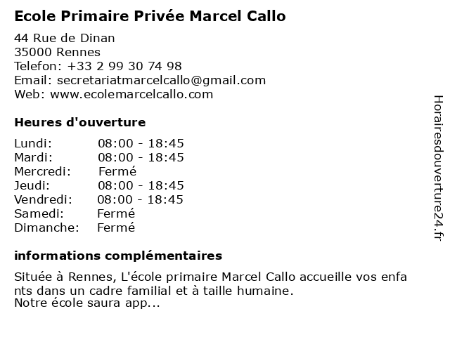 Ecole Primaire Privée Marcel Callo à Rennes: adresse et heures d'ouverture