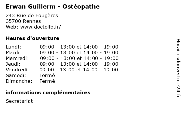 Erwan Guillerm - Ostéopathe à Rennes: adresse et heures d'ouverture